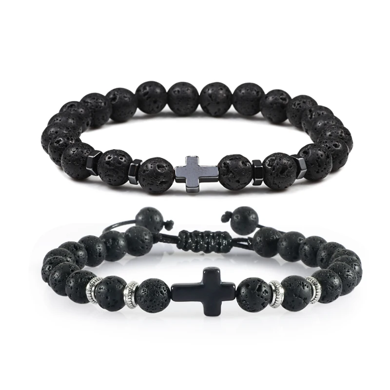 

Natural Cross Bracelets Men Volcanic Lava Tiger Eye Stone Bead Bracelet Wooden Yoga Prayer Handmade Adjustable Jewelry For Women