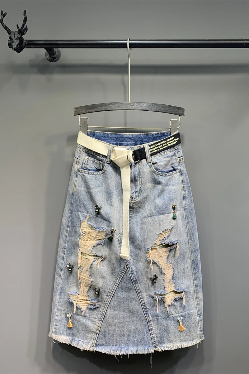 

Women Jeans Skirt Pockets Tassel Blue High-Waist Summer Spliced Casual DM001