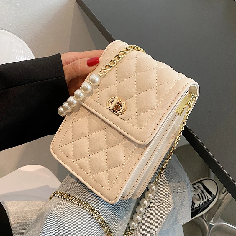 

Lattice Flap Crossbody bag Summer New PU Leather Women's Designer Handbag Pearl Chain Shoulder Messenger bag Phone Purses