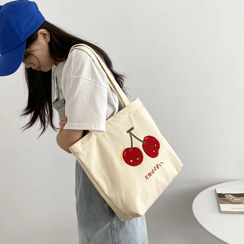 

Cherry Embroidery Women Shoulder Canvas Bag Cute Student Girls Book Tote Handbags Large Capacity Female Reusable Shopping Bags