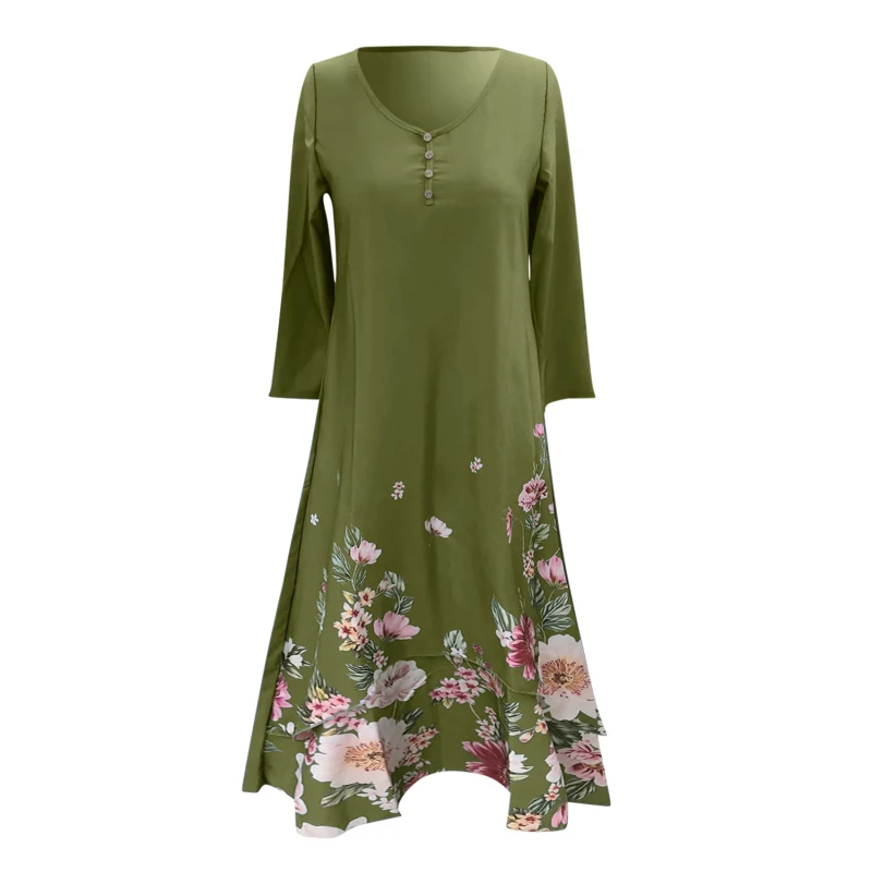 

Loose Dress Women Casual Floral Print Dress O-neck Long Sleeve Irregular Long Dress Summer Female Vestidos