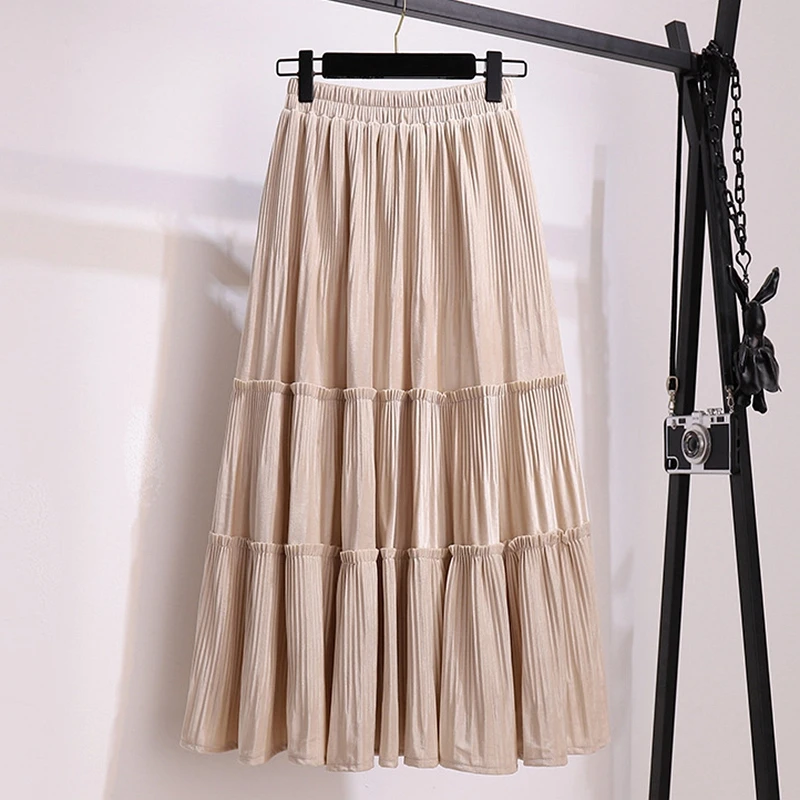 

Midi Pleated Skirt Vintage Tiered Tulle Pleated ins A Line Skirt Golden velvet Women Skirt Sweet Cake Layered Long