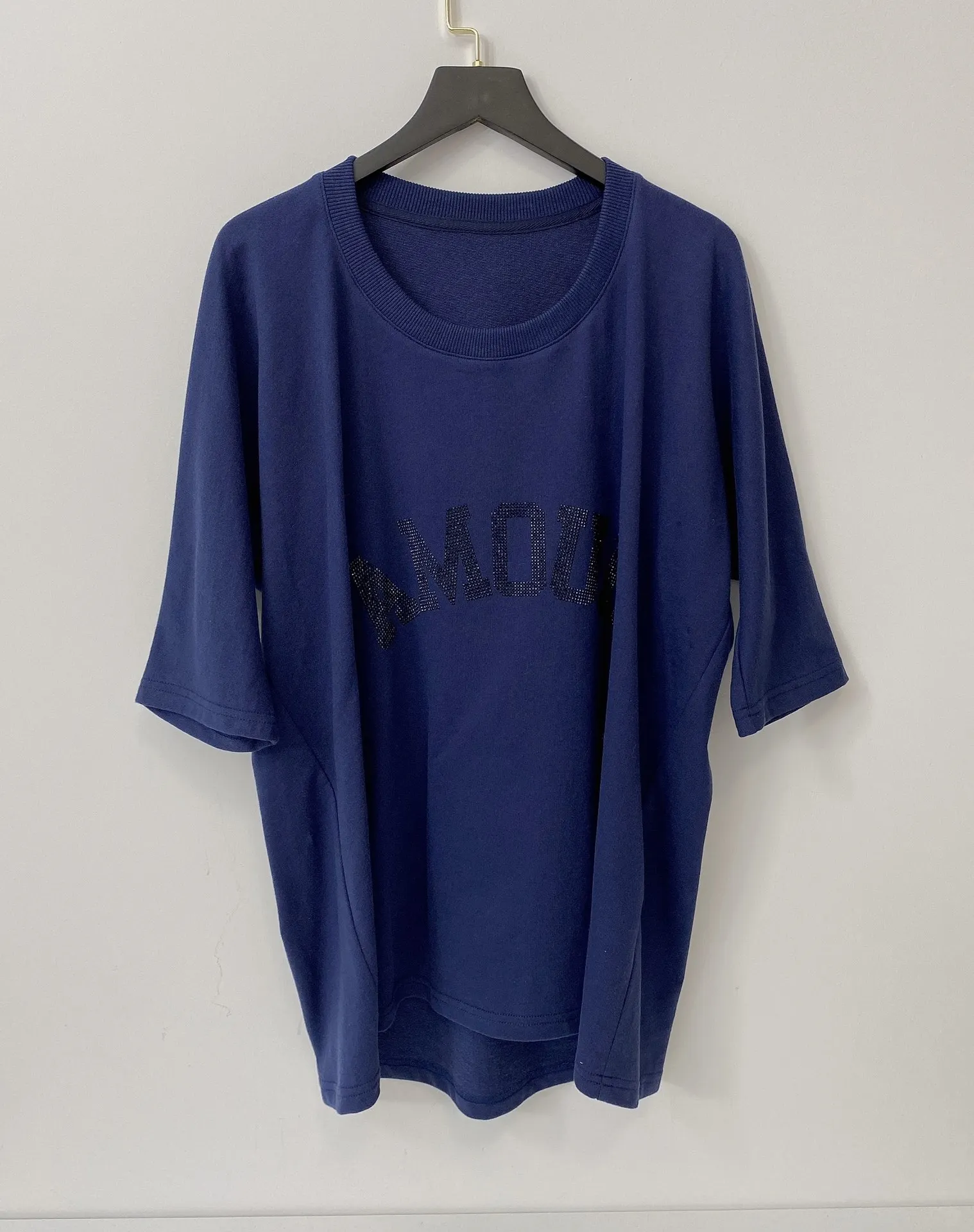 

Summer New Loose Short-sleeved Dark Blue Big Round Neck and Diamond Short-sleeved T-shirt