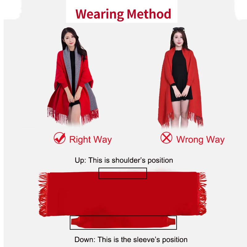 Women Winter Poncho with Sleeve Shawls and Wraps Pashmina Red Thicken Scarf Stoles Femme Hiver Warm Reversible Ponchos and Capes images - 6