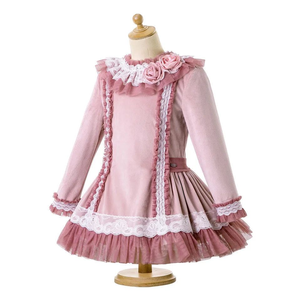 Pettigirl Pink Girl Dresses Handmade Flower Tulle Velvet Long Sleeve Wedding dresses Kids Baby Clothing With Hair Accessories | Детская
