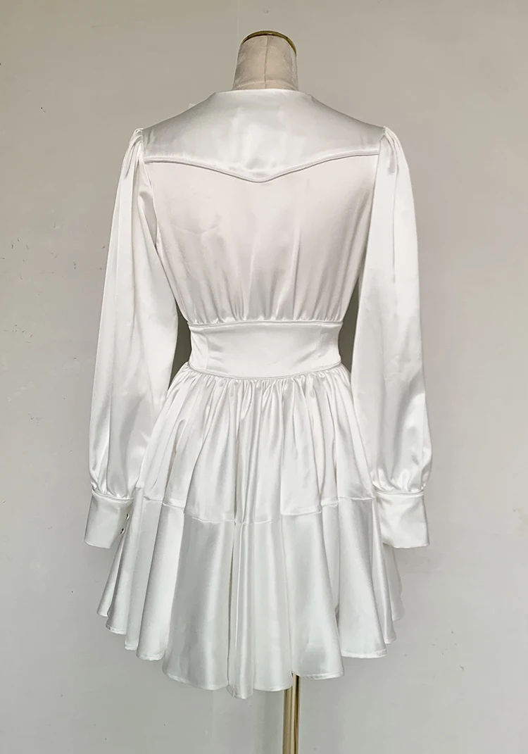 

White Chiffon Casual Women V Neck Long Sleeve Slim Mini Dress 2020 Newest Designer Lady Large Size Runway Dresses Vestidos Mujer