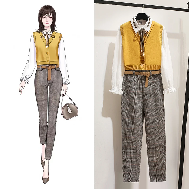 Женский Комплект из 3-х предметов элегантный желтый Трикотажный жилет с