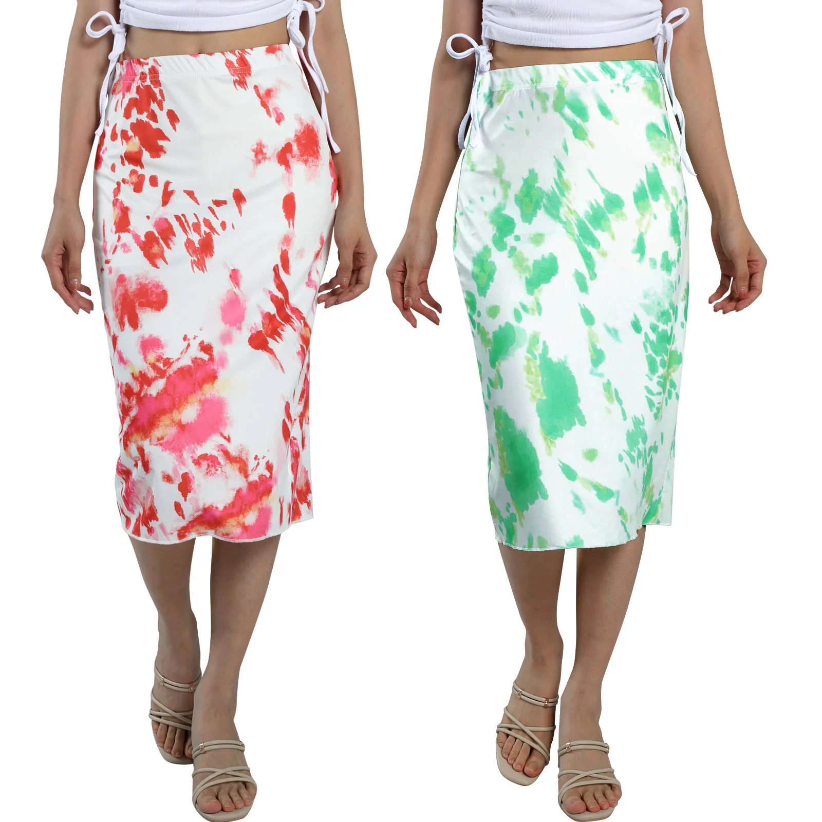 

2021 Summer New Women Slim Fit Skirt Adults Casual Style Tie-dye Print Skirt Red Green Summer Outfits
