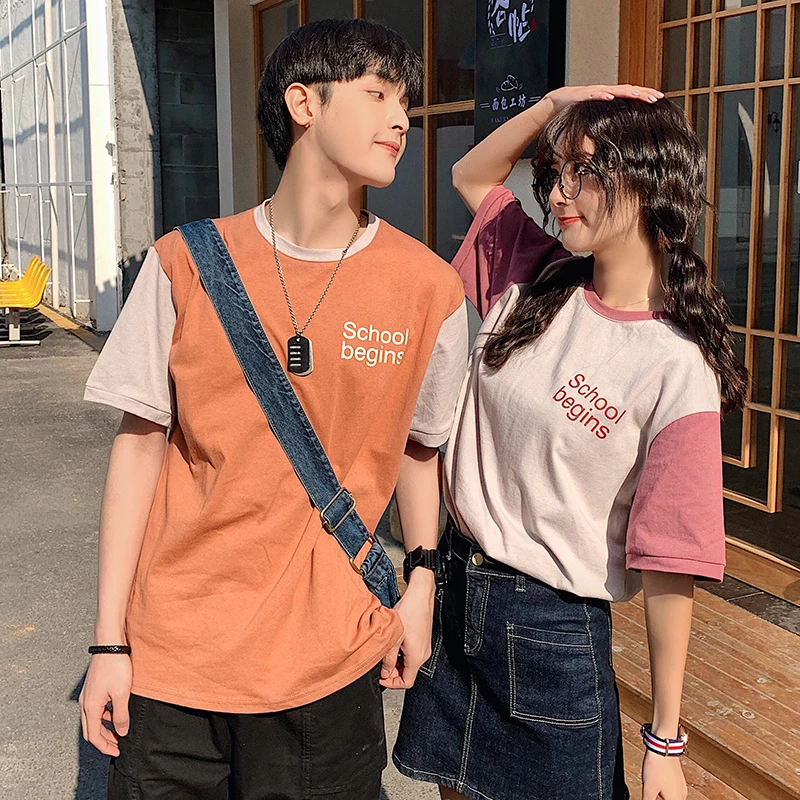 

Hip Hop Hit Color Patchwork Funny Couples Tshirt College Style Harajuku Casual Cute Novelty Clothes All-Match Cool Streetwear