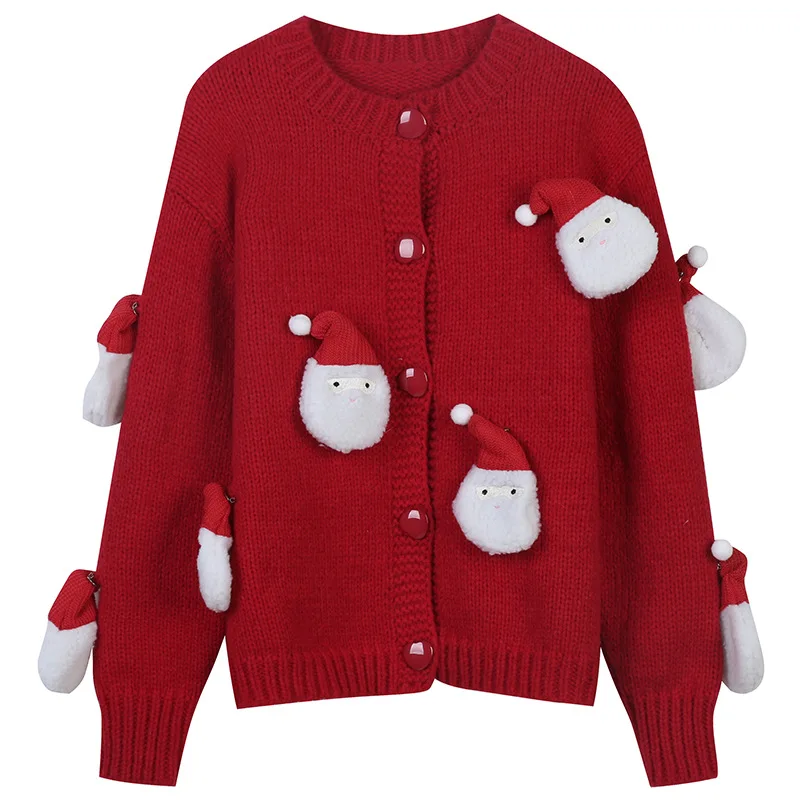 

Korean Fall Winter New Sweater Cardigan Women Sweet Christmas Cartoon Appliques Knitting O-Neck Women Cardigan