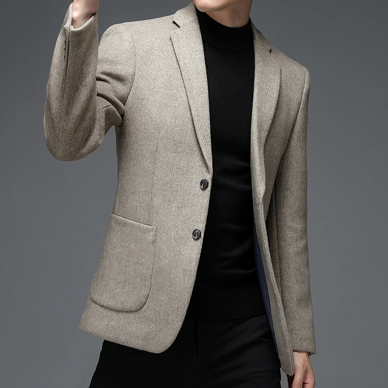 Английский стиль, мужской бежевый серый шерстяной пиджак, повседневный костюм, пиджак, Мужской однобортный пиджак с отложным воротником