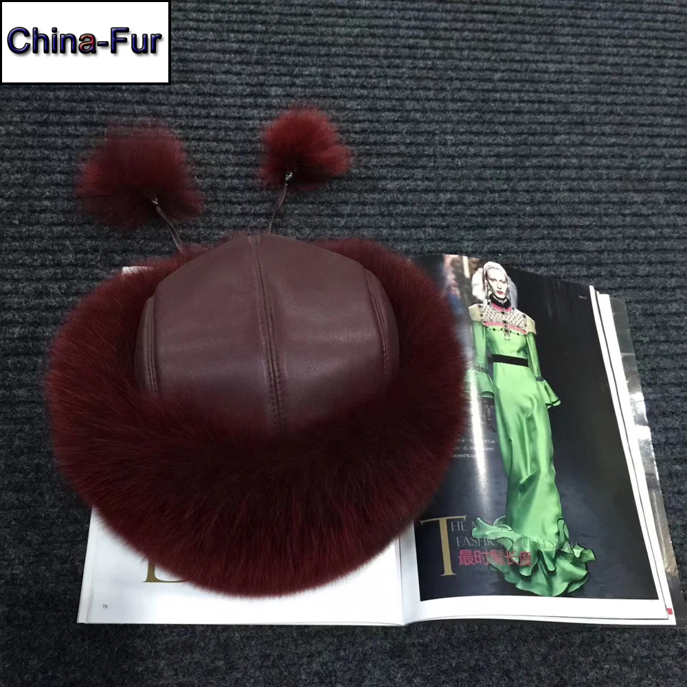Женская шапка-ушанка из натурального Лисьего меха теплая Русская Шапка лисы