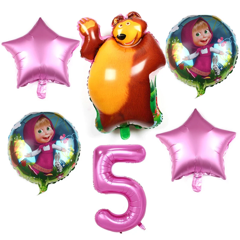 

6pcs Girl And Bear Theme Cartoon 32 inch Pink Number Foil Balloons Birthday Party Decorations Supplies Helium Balloons Supply