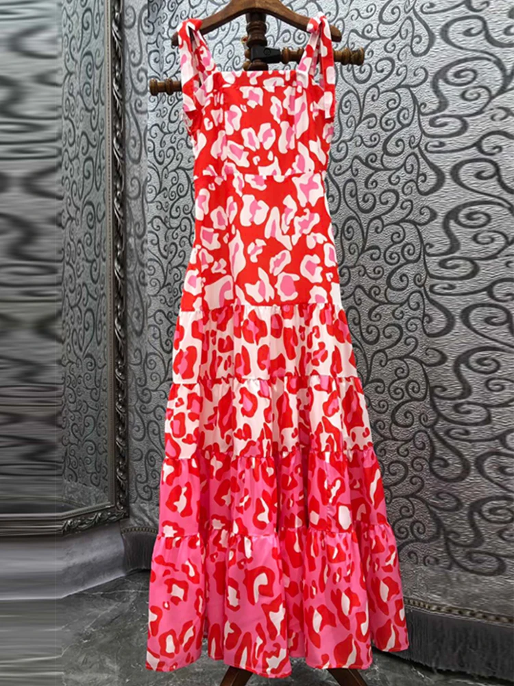 

Fashion Designer 2022 Spring Casual Dress Women Red Flowers Printed Spaghetti Strap Elegant Fashion A-Line Holiday Long Dresses