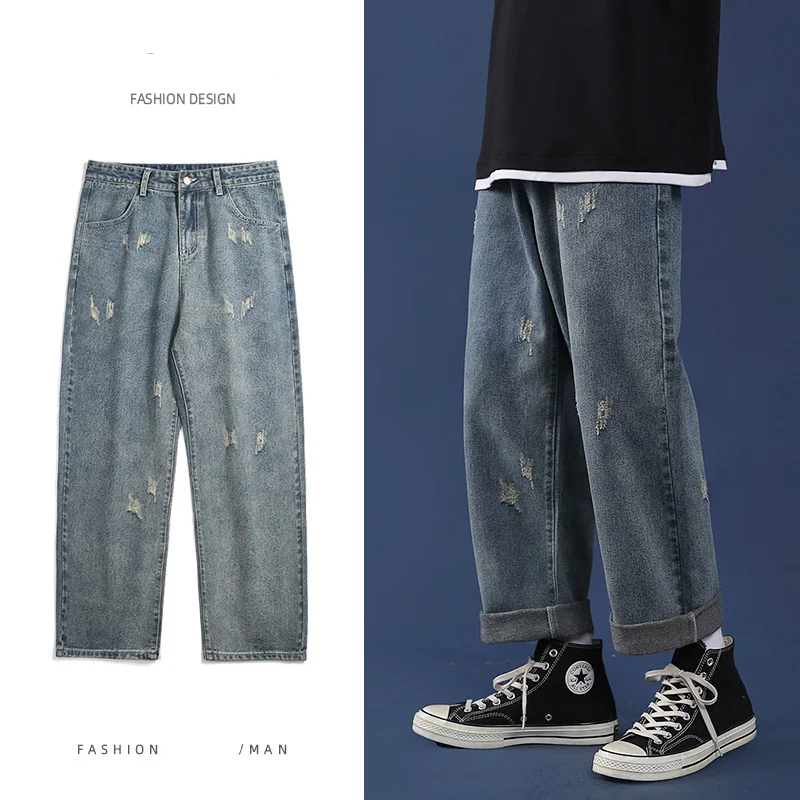 

Retro Men's Jeans Blue Baggy Straight Jeans Korean Streetwear Distressed Wide Leg Trousers Men's Harajuku Casual Hip Hop Pants