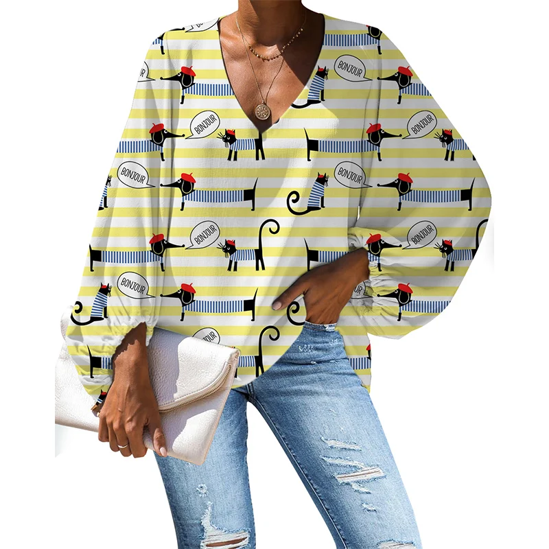 NOISYDESIGNS Women Summer Long-sleeve Blouses V-neck Sexy Cats Animals Printing Ladies Tops Plus Size Loose Shirts Mujer Ropa | Женская