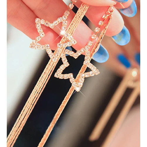 

HOT SALESNew Arrival Women's Rhinestone Pentacle Star Drop Long Tassels Chain Hook Dangle Linear Earrings Wholesale Dropship