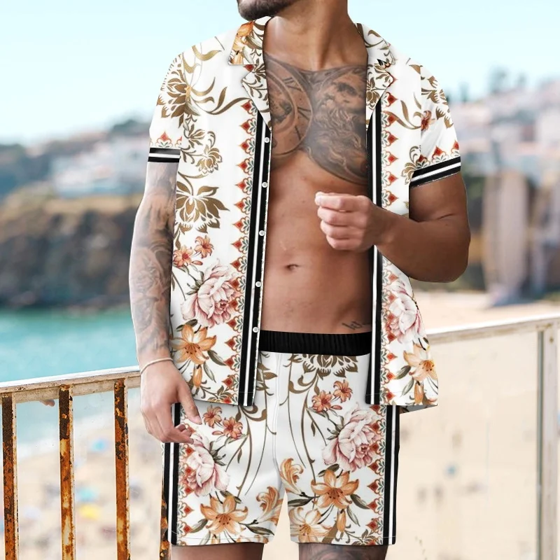 

Men's Hawaiian Print Lapel Short Sleeve Shirt Set 2021 Summer Men's Fashion Beach Print Quick-drying Shorts Set Two-piece S-4XL