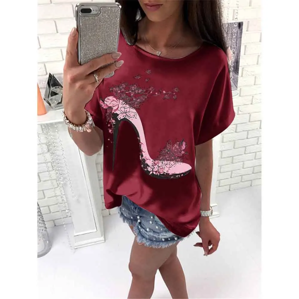 Футболка с принтом на высоком каблуке Повседневная Свободная футболка для
