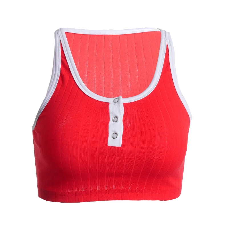 

European and American high-quality new ladies A20245 color contrast ribbed umbilical button fashion Harajuku short ladiesT-shirt