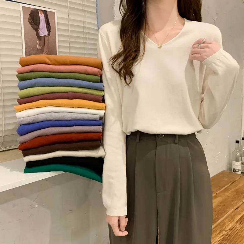 

Autumn clothes femininity 2021 new fashion T-shirt loose and versatile knitted Long Sleeve White T-Shirt