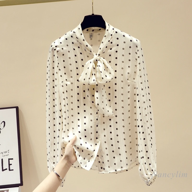 

Polka Dot Bow Shirt Women's Clothes 2021 Spring Autumn New Fashion Blouse Loose Chiffon Top Blusas Mujer