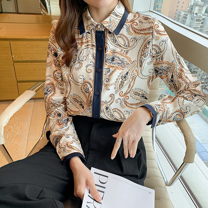 

Chiffon Women's Blouse Polo Girl's Shirt Print Casual Long Sleeve Top Spring Autumn Fashion Clothing Lady Blusas Houthion