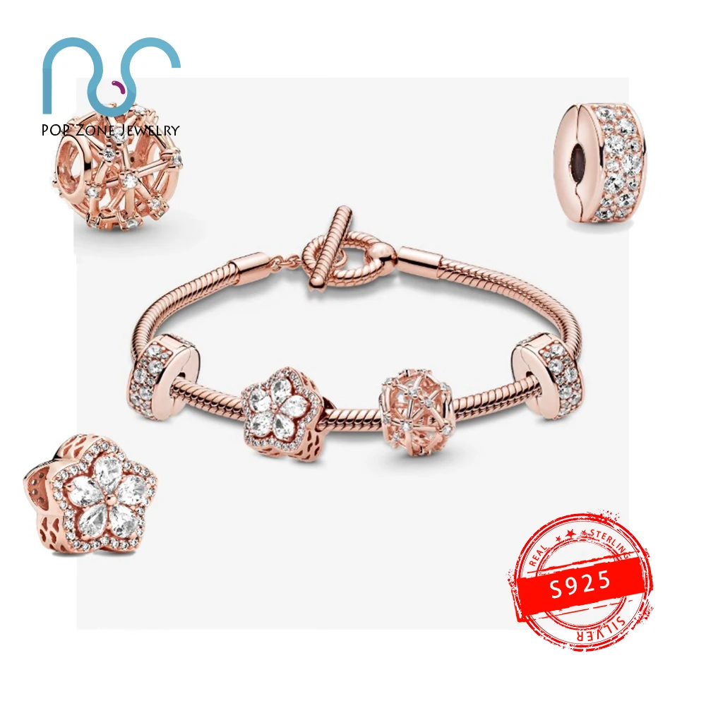 

Fit Original Pan Charm Bracelet S925 Sterling Silver Bracelet Rose gold Brilliant Gemstone Bracelet Female Brand New Jewelry