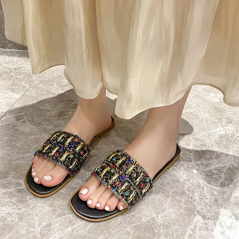 

Summer Slippers Slides Shoes Women Bling Crystal Chaussures Femme Outside Pantufa Flat Slippers Mules Geometric Flats Casual