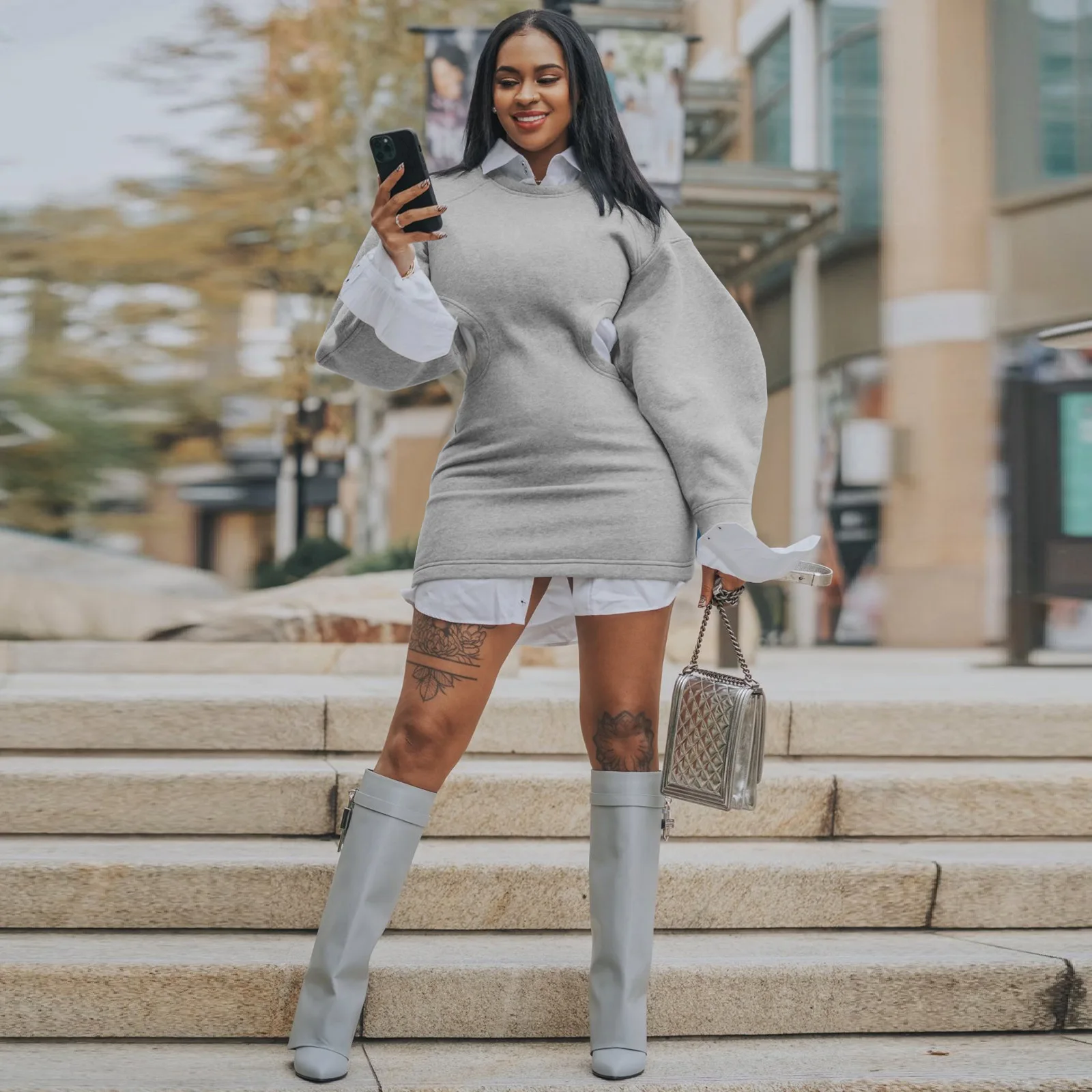 

Chocomist Dresses Casual Sexy Solid Hollow Out Lantern Sleeve Women Mini Dress