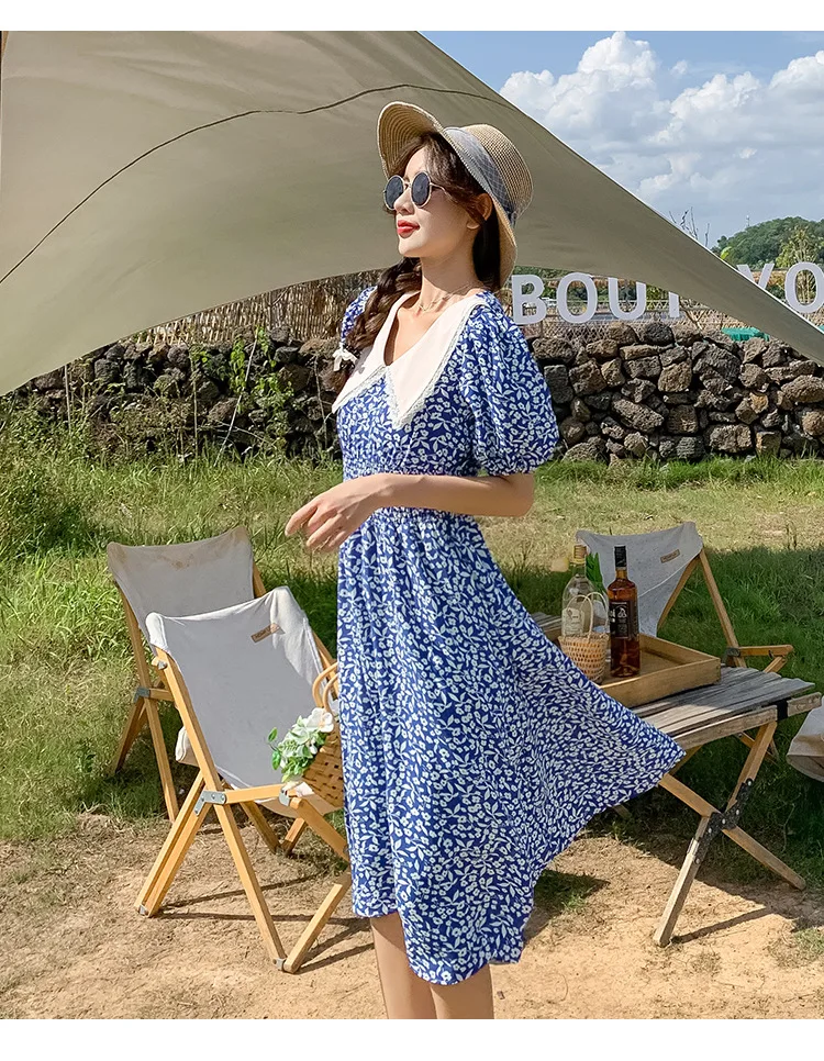 

Green Floral Dress Women Summer French Style Short Sleeve Dress Elegant Peter Pan Collar Retro Korean Fashion Blue Midi Dresses
