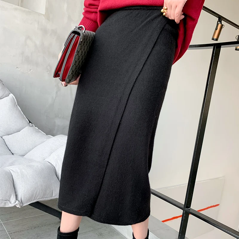 CBF 2020 Latest style Women's Knitted Pure wool Skirt Checker color Fork opening Soft and high quality Tight fitting skirt | Женская