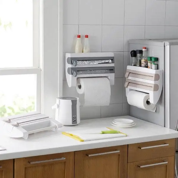 

Isfriday Wall-Mount Paper Towel Holder Sauce Bottle Rack 4 In 1 Cling Film Cutting Holder Mutifunction Kitchen Organizer