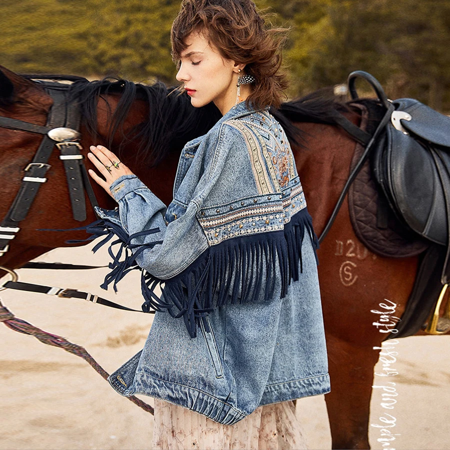 Женская джинсовая куртка с длинным рукавом цветочной вышивкой | одежда