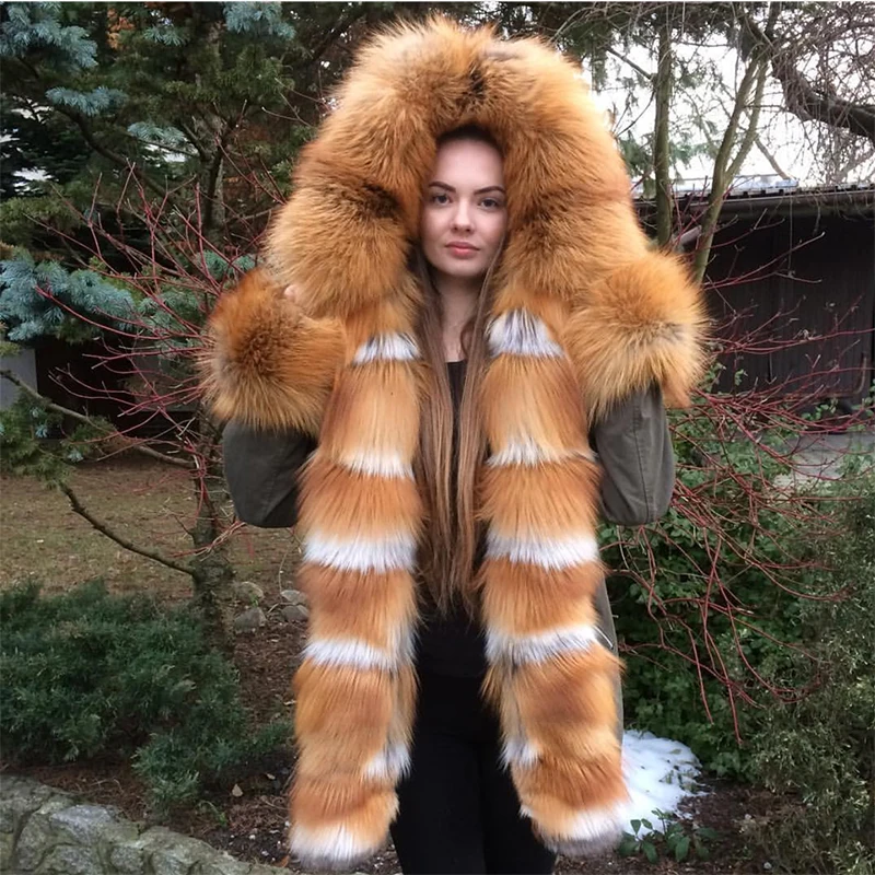 EIFURKOP натуральным Толстовка с принтом лисьей морды парка на меху капюшоном Для