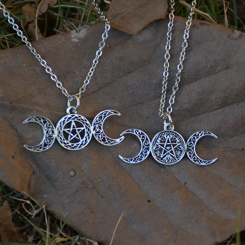 

10pcs Pagan Crescent Moon Pentacle Pendant Necklace Triple Moon Celestial Jewelry Witch Gothic Jewelry