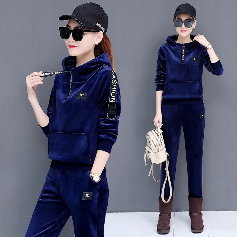 Плюс бархатный утепленный спортивный костюм женский осенне-зимний Тонкий Модный