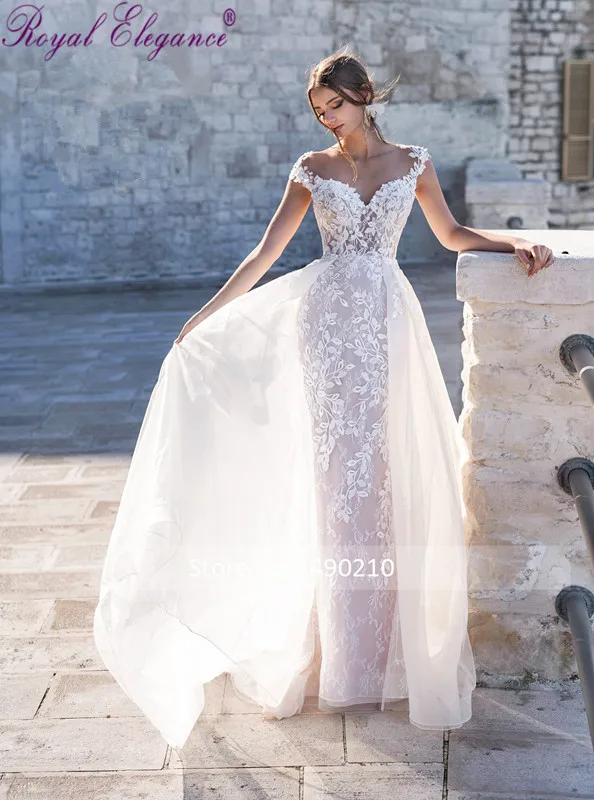 

Royal Elegance 2 in 1 Cap Sleeve Wedding Dress with Removable Tulle Train Open Back Embroidery Lace Applique Vestido Festa