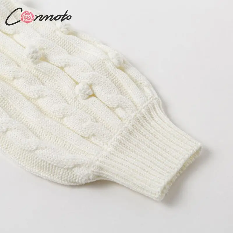 Conmoto Casual Knitted Sweater Women Solid White Autumn Winter 2019 Jumpers Vintage Lantern Sleeve Pompom Pull Femme | Женская одежда