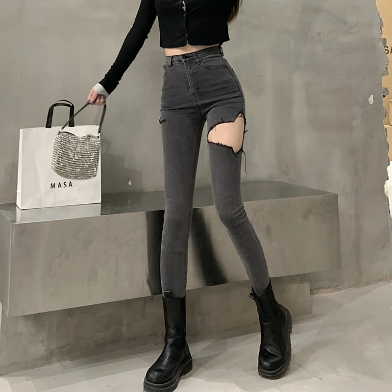 

Новинка 2021 г., пикантные облегающие брюки в гонконгском стиле, женская модель, рваные джинсы, брюки