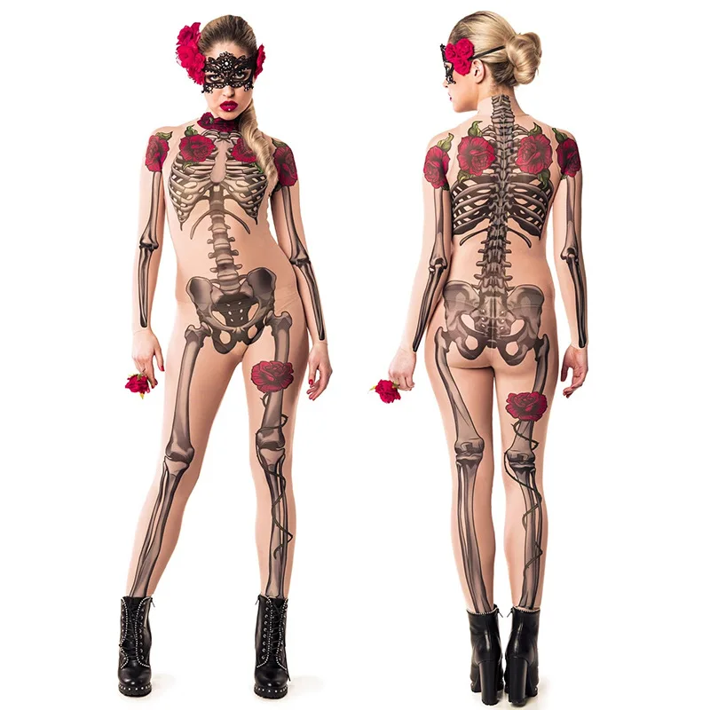 

Rose Skull Halloween Dress Women Day of The Dead Scary Skeleton Costume Spooky Fancy Horror Jumpsuit Carnival Party Zombie Pants