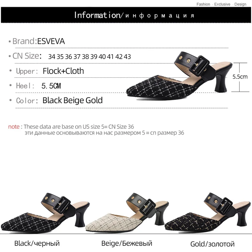

ESVEVA 2020 Pointed Toe Buckle Women Pumps Summer Square Heel Slingback Women Shoes PU Leather Cloth Fashion Sandals Size 34-43