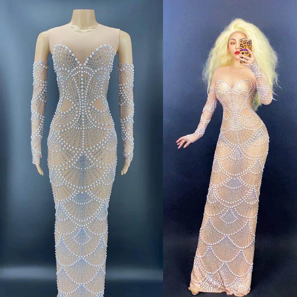 

Элегантное вечернее платье стразы с жемчужинами женское сексуальное эластичное прозрачное длинное платье для дня рождения выпускного веч...