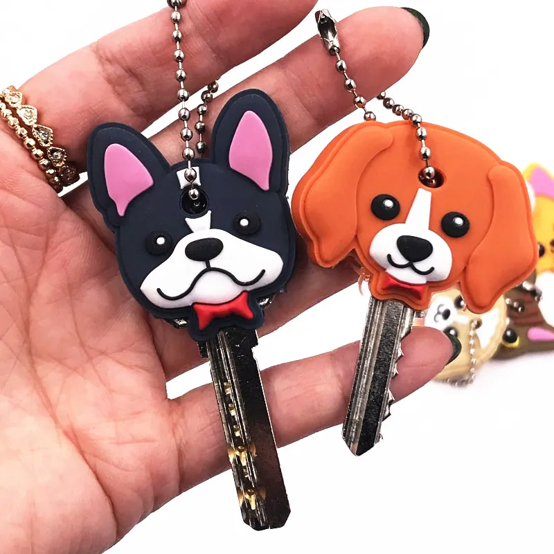 10Pcs/lot Cartoon Cute Key chain Women Man Cover Cap PVC Animal Kids Ring Cat Character Key Holder Dog Icon Keychains - купить по