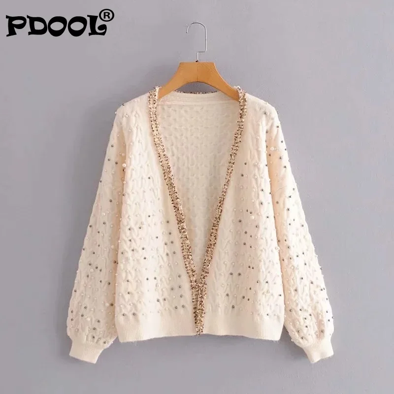 

2021 Spring New Women Lazy Wind Tweed Beaded Twist Cardigan Sweater Women's Top Coat Womens Knit Sweaters