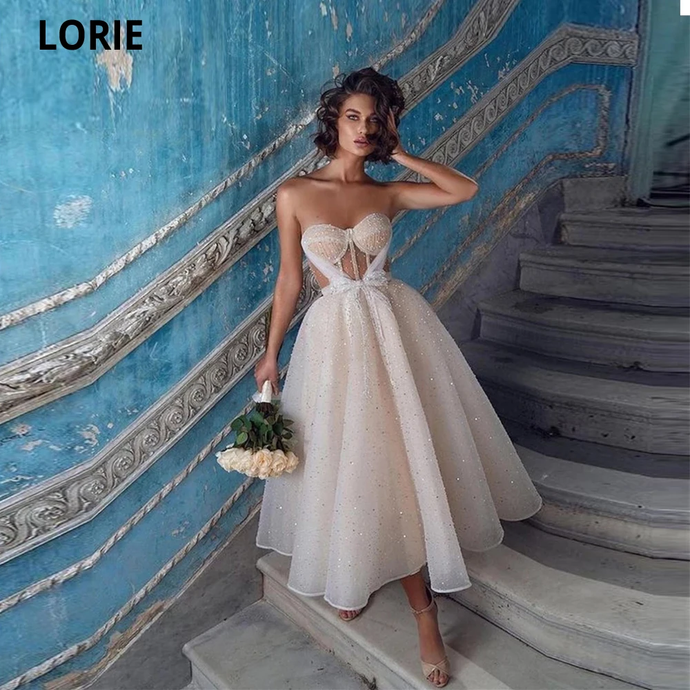 

Lorie Sparkly Off-white Bow Sequined Short Sleeveless Prom Dresses With Heart Sexy Backless Pleated Women Party Gowns Dresses