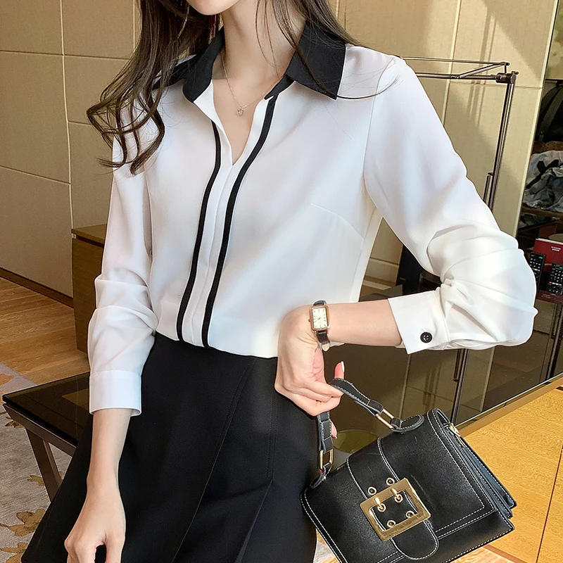 

Chiffon Loose Women's Shirts New Fashion Blouses Solid Color Polo Shirt Spring Casual Long Sleeve Blusas Houthion