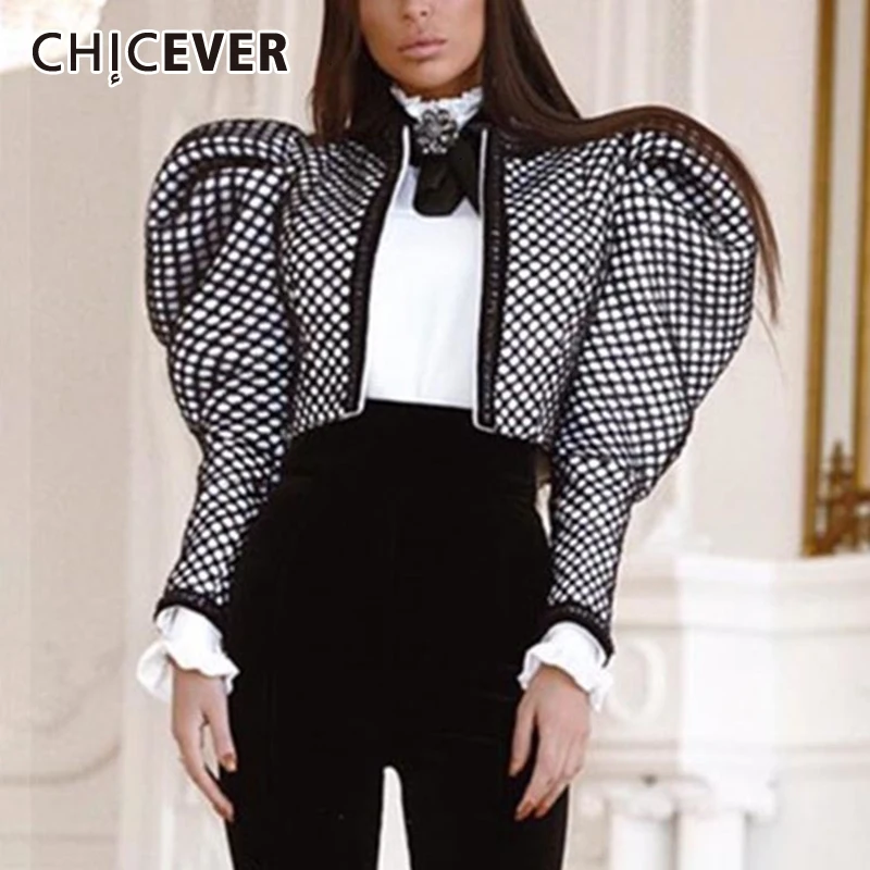 

CHICEVER Plaid Coats For Women Butterfly Collar Puff Long Sleeve Ruched Short Streetwear Jackets Female 2021 Autumn Clothes New