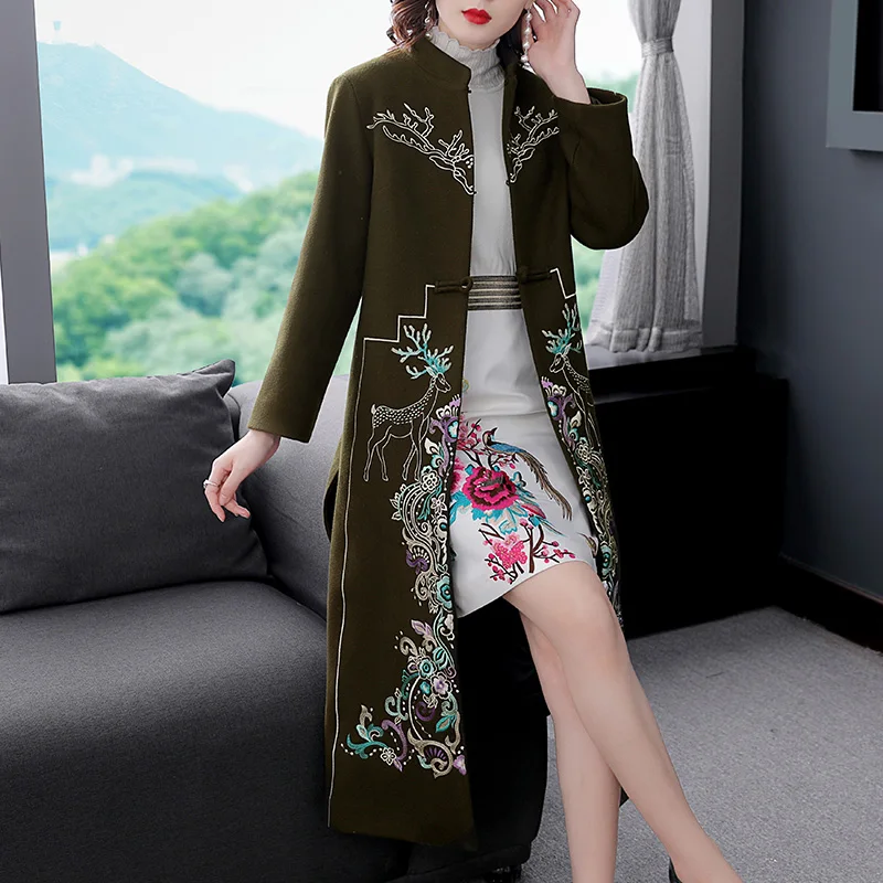 Осенне-зимнее пальто Инди вышивка в народном стиле Hanfu Element Button Ретро Элегантные средние и женские с длинной деталью пальто S-2XL