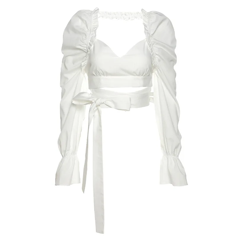 

kywommnz 2021 Summer New Women Long-sleeved T-shirt V-neck Halter With Wooden Ear Straps And Navel Slim Fit TShirt E1307